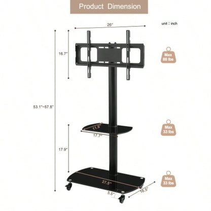 Height and Angle Adjustable Multi - Function Tempered Glass Metal Frame Floor With Lockable Wheels Mobile TV Stand, LCD/Plasma TV bracket 2 Tier Tempered Glass Shelves Multiple Media Devices