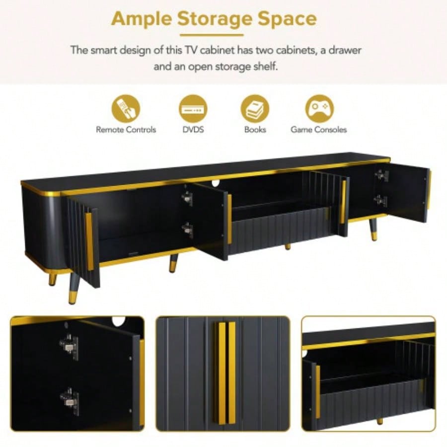 ON - TREND Luxury Minimalism TV Stand with Open Storage Shelf TVs Up to 85 Entertainment Center with Cabinets and Drawers, Practical Media Console with Unique Living Room, Black
