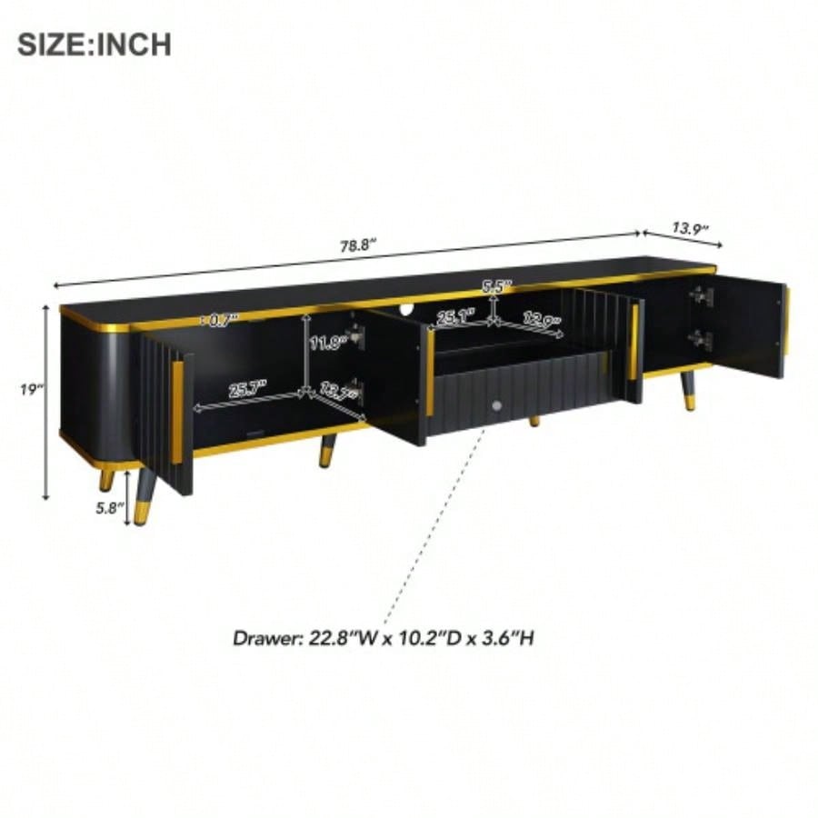 ON - TREND Luxury Minimalism TV Stand with Open Storage Shelf TVs Up to 85 Entertainment Center with Cabinets and Drawers, Practical Media Console with Unique Living Room, Black