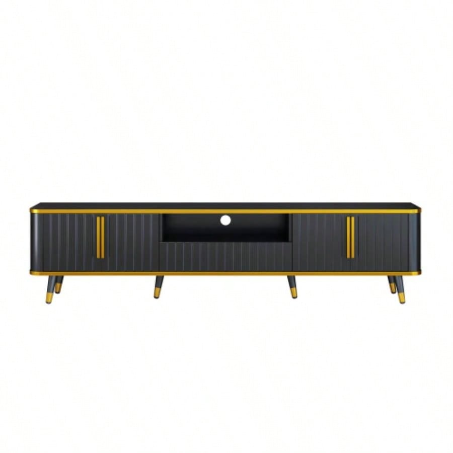 ON - TREND Luxury Minimalism TV Stand with Open Storage Shelf TVs Up to 85 Entertainment Center with Cabinets and Drawers, Practical Media Console with Unique Living Room, Black