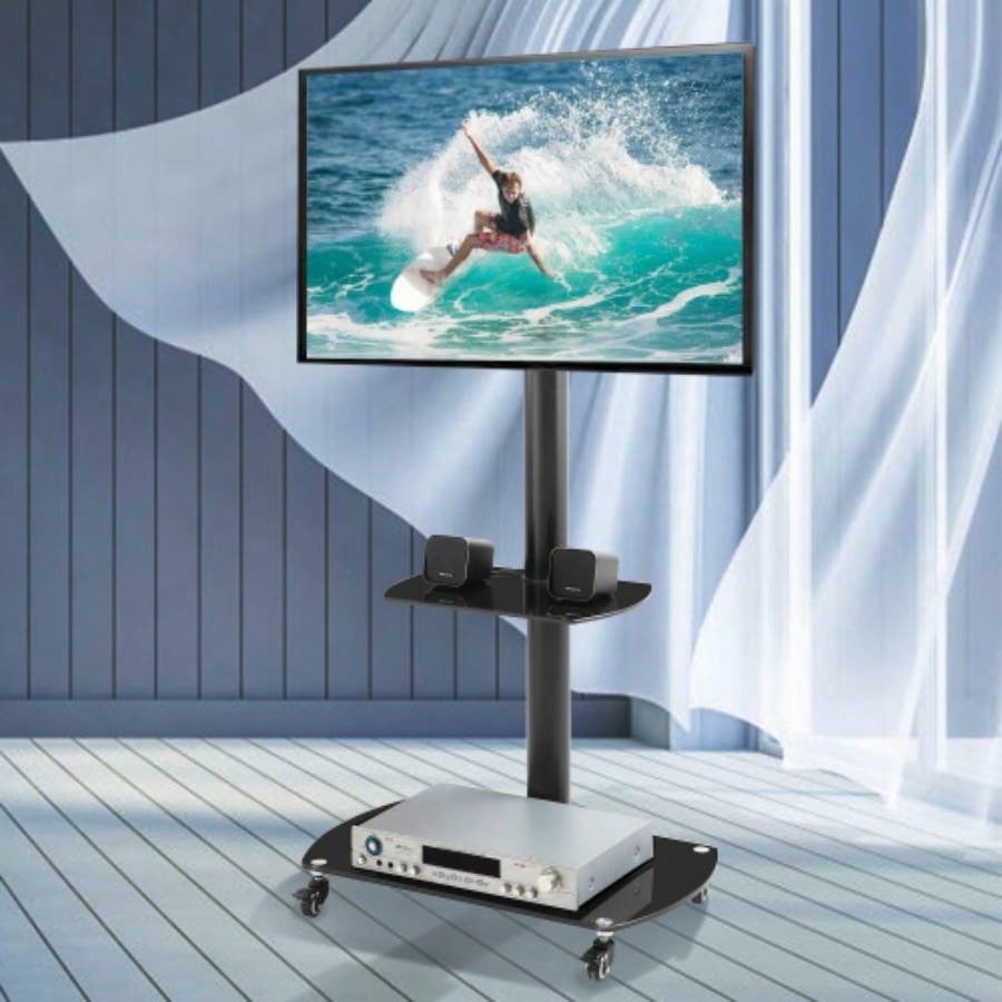 Height and Angle Adjustable Multi - Function Tempered Glass Metal Frame Floor With Lockable Wheels Mobile TV Stand, LCD/Plasma TV bracket 2 Tier Tempered Glass Shelves Multiple Media Devices