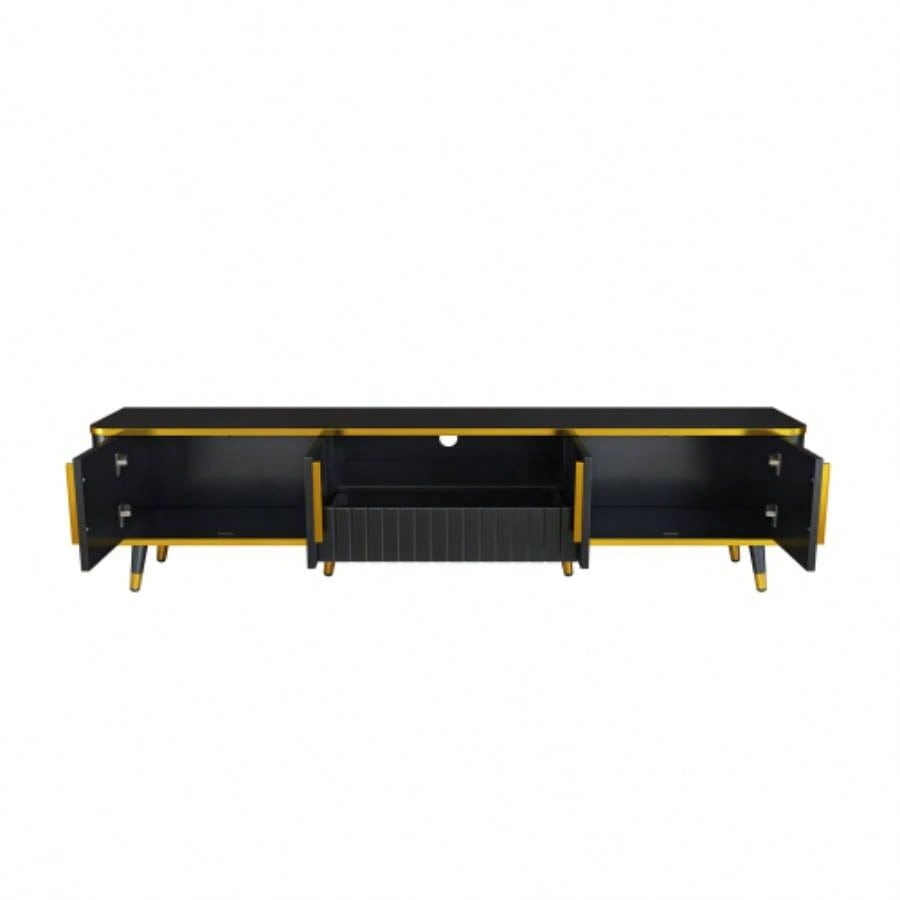 ON - TREND Luxury Minimalism TV Stand with Open Storage Shelf TVs Up to 85 Entertainment Center with Cabinets and Drawers, Practical Media Console with Unique Living Room, Black