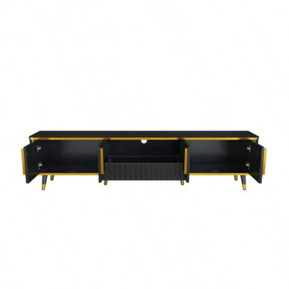ON - TREND Luxury Minimalism TV Stand with Open Storage Shelf TVs Up to 85 Entertainment Center with Cabinets and Drawers, Practical Media Console with Unique Living Room, Black