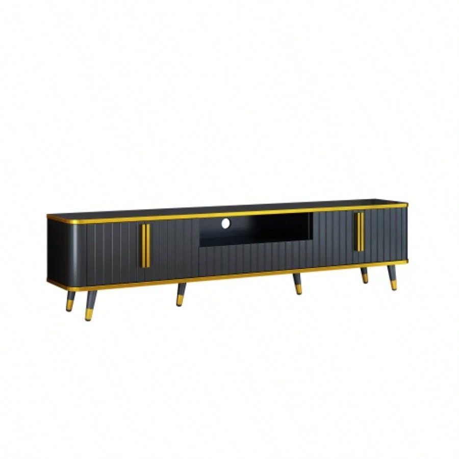 ON - TREND Luxury Minimalism TV Stand with Open Storage Shelf TVs Up to 85 Entertainment Center with Cabinets and Drawers, Practical Media Console with Unique Living Room, Black