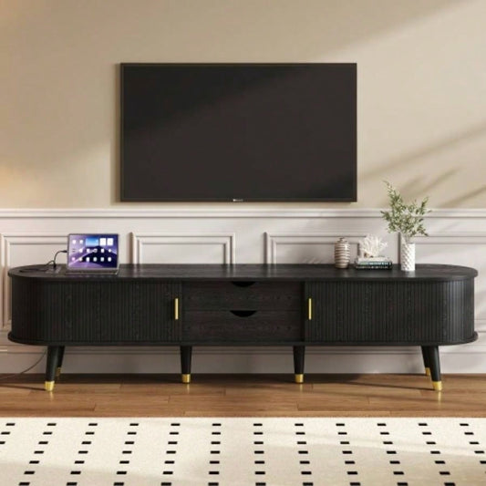 Assembly VideoWooden Oval Fluted TV Stand with Charging Station TV up to 80 Mid - Media Console with Sliding Tambour Door, Farmhouse TV Cabinet with Golden Handle Living Room, Black