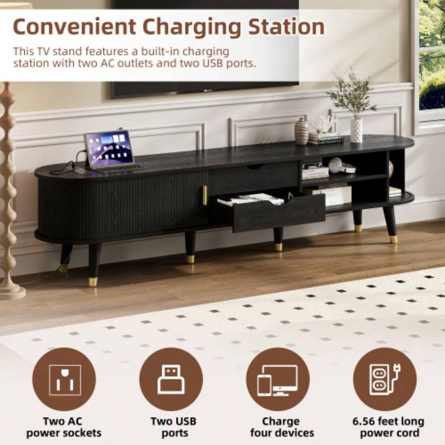 Assembly VideoWooden Oval Fluted TV Stand with Charging Station TV up to 80 Mid - Media Console with Sliding Tambour Door, Farmhouse TV Cabinet with Golden Handle Living Room, Black