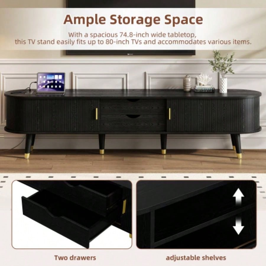 Assembly VideoWooden Oval Fluted TV Stand with Charging Station TV up to 80 Mid - Media Console with Sliding Tambour Door, Farmhouse TV Cabinet with Golden Handle Living Room, Black