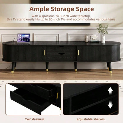 Assembly VideoWooden Oval Fluted TV Stand with Charging Station TV up to 80 Mid - Media Console with Sliding Tambour Door, Farmhouse TV Cabinet with Golden Handle Living Room, Black