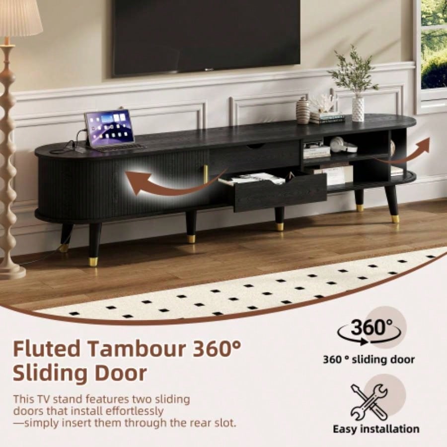 Assembly VideoWooden Oval Fluted TV Stand with Charging Station TV up to 80 Mid - Media Console with Sliding Tambour Door, Farmhouse TV Cabinet with Golden Handle Living Room, Black