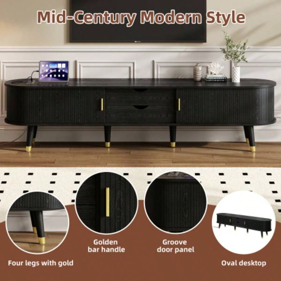 Assembly VideoWooden Oval Fluted TV Stand with Charging Station TV up to 80 Mid - Media Console with Sliding Tambour Door, Farmhouse TV Cabinet with Golden Handle Living Room, Black