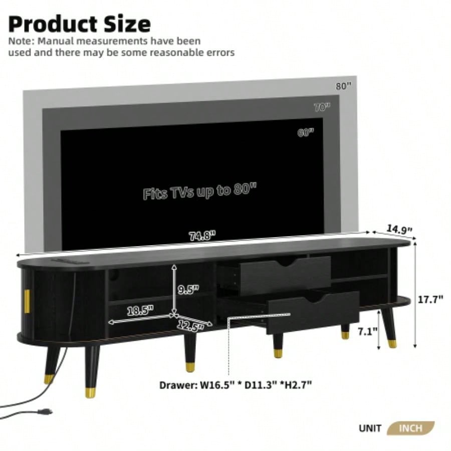 Assembly VideoWooden Oval Fluted TV Stand with Charging Station TV up to 80 Mid - Media Console with Sliding Tambour Door, Farmhouse TV Cabinet with Golden Handle Living Room, Black