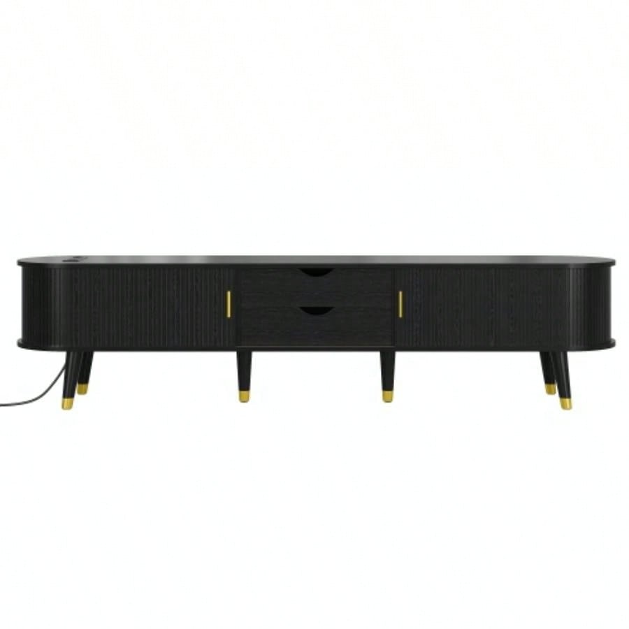 Assembly VideoWooden Oval Fluted TV Stand with Charging Station TV up to 80 Mid - Media Console with Sliding Tambour Door, Farmhouse TV Cabinet with Golden Handle Living Room, Black