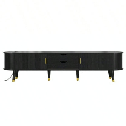 Assembly VideoWooden Oval Fluted TV Stand with Charging Station TV up to 80 Mid - Media Console with Sliding Tambour Door, Farmhouse TV Cabinet with Golden Handle Living Room, Black