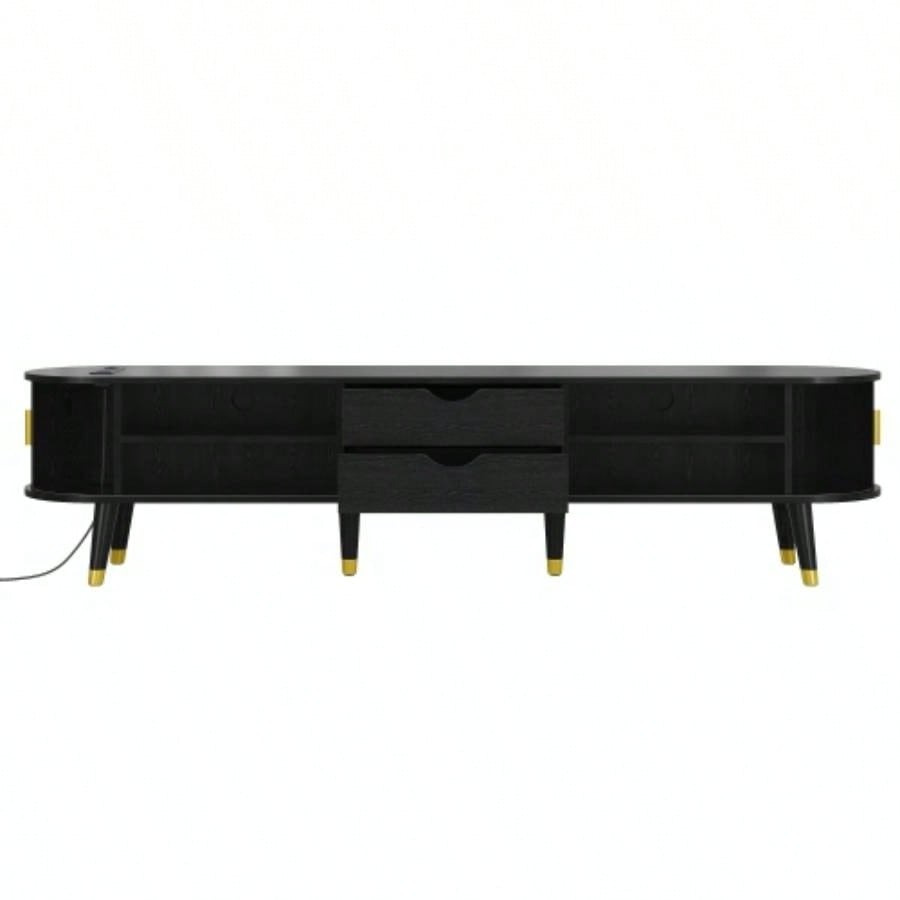 Assembly VideoWooden Oval Fluted TV Stand with Charging Station TV up to 80 Mid - Media Console with Sliding Tambour Door, Farmhouse TV Cabinet with Golden Handle Living Room, Black