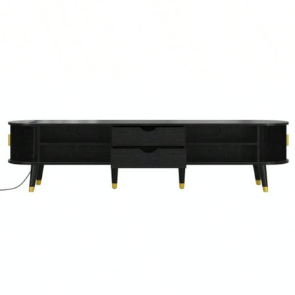 Assembly VideoWooden Oval Fluted TV Stand with Charging Station TV up to 80 Mid - Media Console with Sliding Tambour Door, Farmhouse TV Cabinet with Golden Handle Living Room, Black
