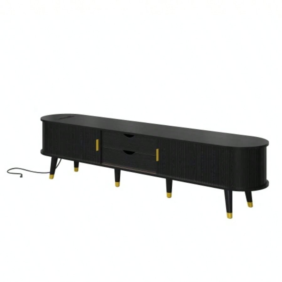 Assembly VideoWooden Oval Fluted TV Stand with Charging Station TV up to 80 Mid - Media Console with Sliding Tambour Door, Farmhouse TV Cabinet with Golden Handle Living Room, Black