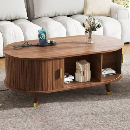 Assembly VideoWooden Oval Fluted TV Stand with Charging Station TV up to 80 Mid - Media Console with Sliding Tambour Door, Farmhouse TV Cabinet with Golden Handle Living Room, Black