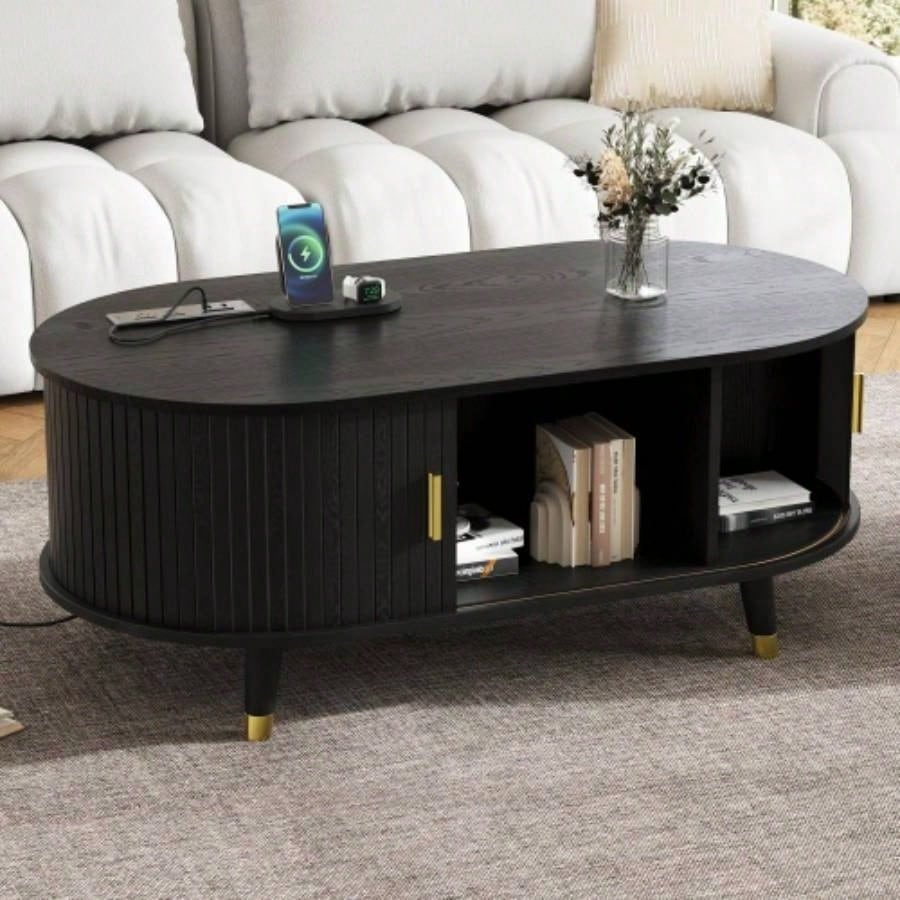 Assembly VideoWooden Oval Fluted TV Stand with Charging Station TV up to 80 Mid - Media Console with Sliding Tambour Door, Farmhouse TV Cabinet with Golden Handle Living Room, Black