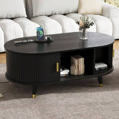 Assembly VideoWooden Oval Fluted TV Stand with Charging Station TV up to 80 Mid - Media Console with Sliding Tambour Door, Farmhouse TV Cabinet with Golden Handle Living Room, Black