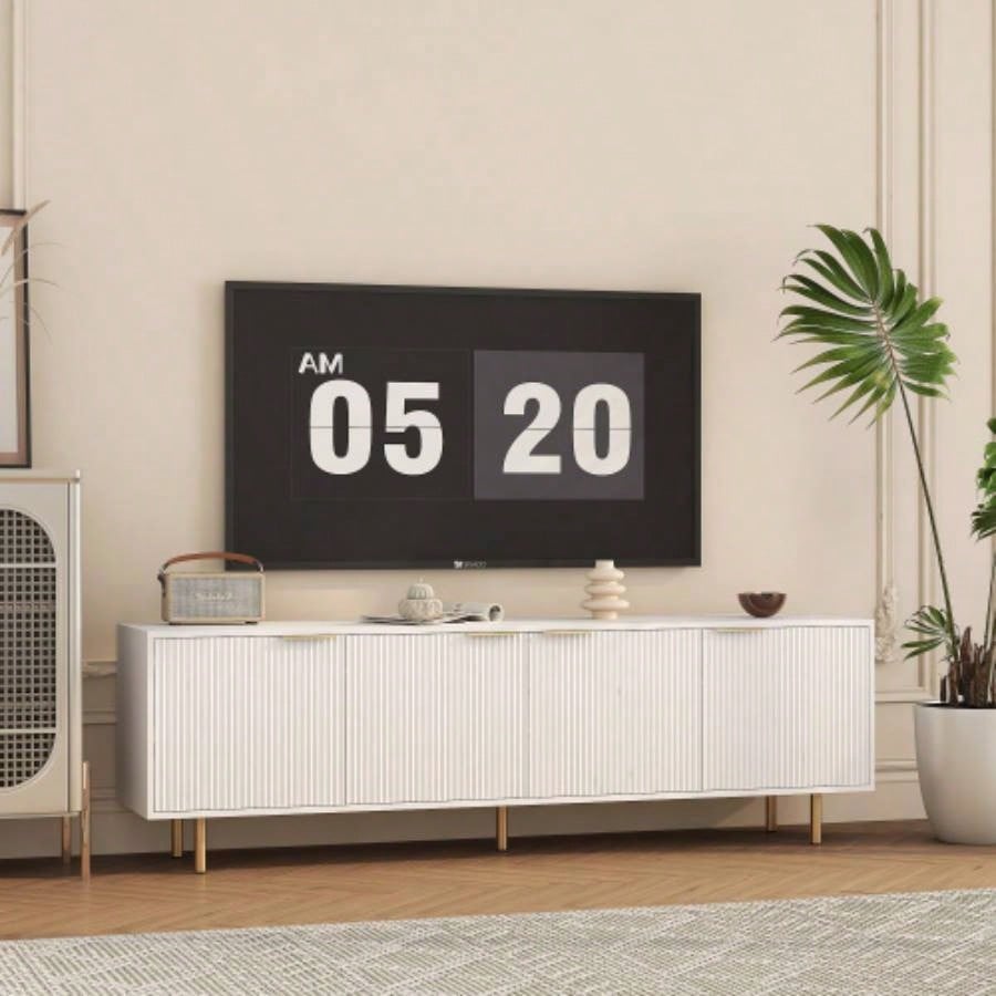 White Modern TV Stand Fluted 68, Entertainment Center with Storage Doors, TV Console Media Cabinet, 55+ Inch TV, Living Room