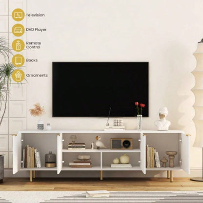 White Modern TV Stand Fluted 68, Entertainment Center with Storage Doors, TV Console Media Cabinet, 55+ Inch TV, Living Room