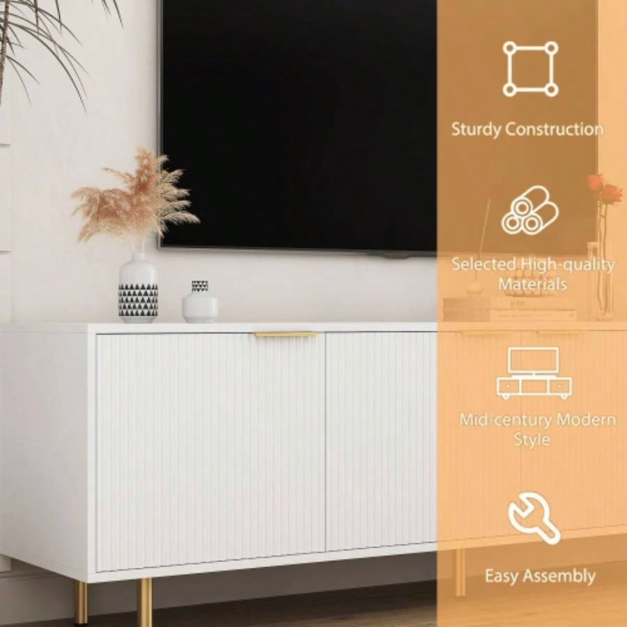 White Modern TV Stand Fluted 68, Entertainment Center with Storage Doors, TV Console Media Cabinet, 55+ Inch TV, Living Room
