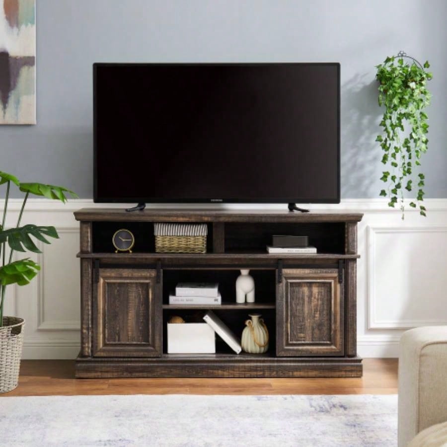 Media Console Table with Storage Cabinet, Mid style Entertainment TV Table, Multipurpose Sliding Door TV Cabinet Large Storage Space, 58.1115.79D*32.36H Antique brown