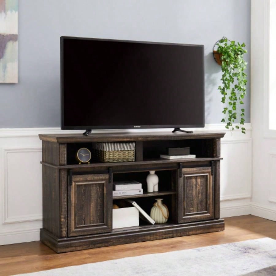 Media Console Table with Storage Cabinet, Mid style Entertainment TV Table, Multipurpose Sliding Door TV Cabinet Large Storage Space, 58.1115.79D*32.36H Antique brown