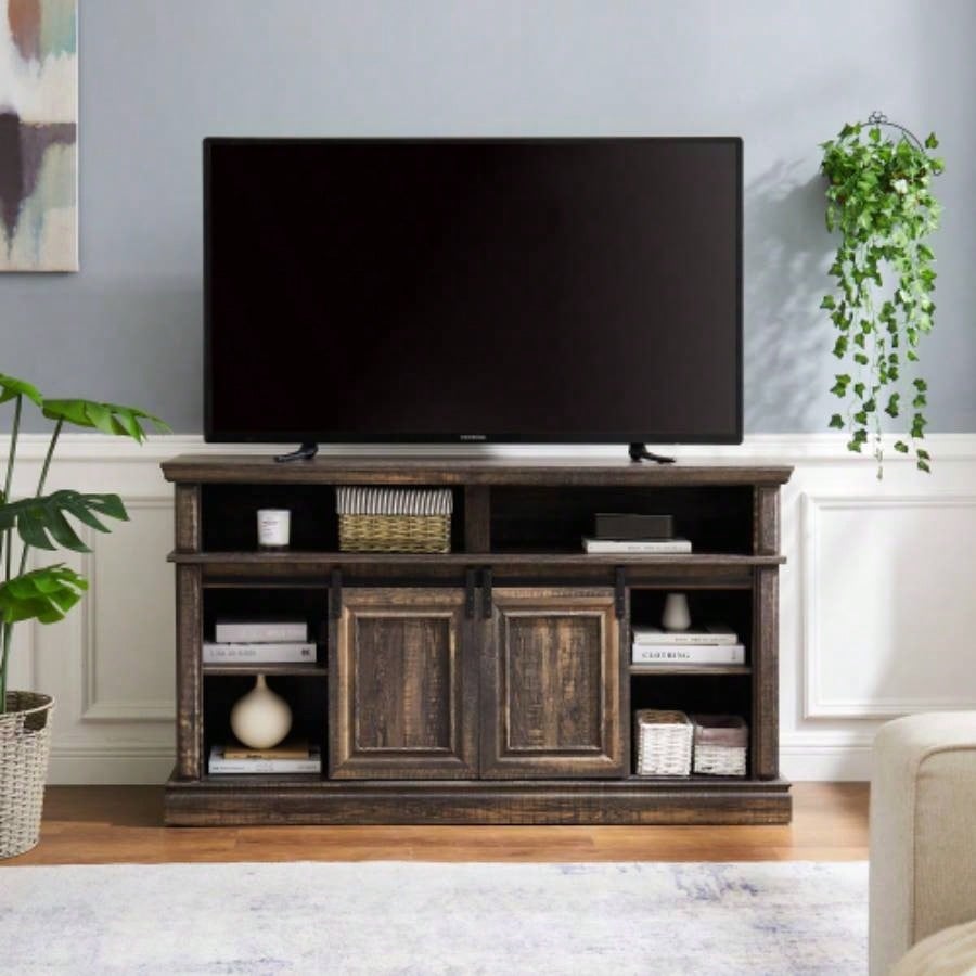 Media Console Table with Storage Cabinet, Mid style Entertainment TV Table, Multipurpose Sliding Door TV Cabinet Large Storage Space, 58.1115.79D*32.36H Antique brown