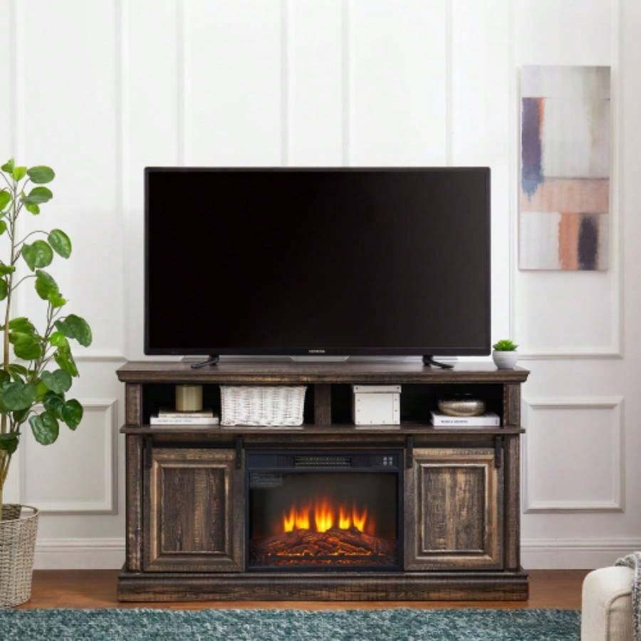 Media Console Table with Storage Cabinet, Mid style Entertainment TV Table, Multipurpose Sliding Door TV Cabinet Large Storage Space, 58.1115.79D*32.36H Antique brown