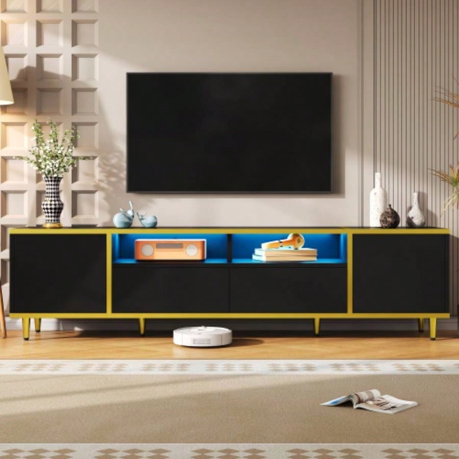 U - Can 70.9 Modern TV Stand TVs up to 80 Inches, Entertainment Center with 2 Shelves and LED Lights, TV Storage Cabinet with 2 Drawers, 2 Cabinets and Metal Living room