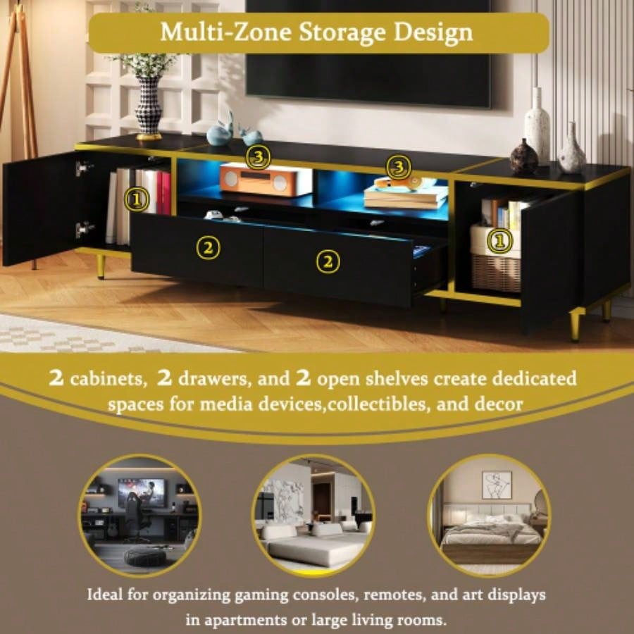 U - Can 70.9 Modern TV Stand TVs up to 80 Inches, Entertainment Center with 2 Shelves and LED Lights, TV Storage Cabinet with 2 Drawers, 2 Cabinets and Metal Living room