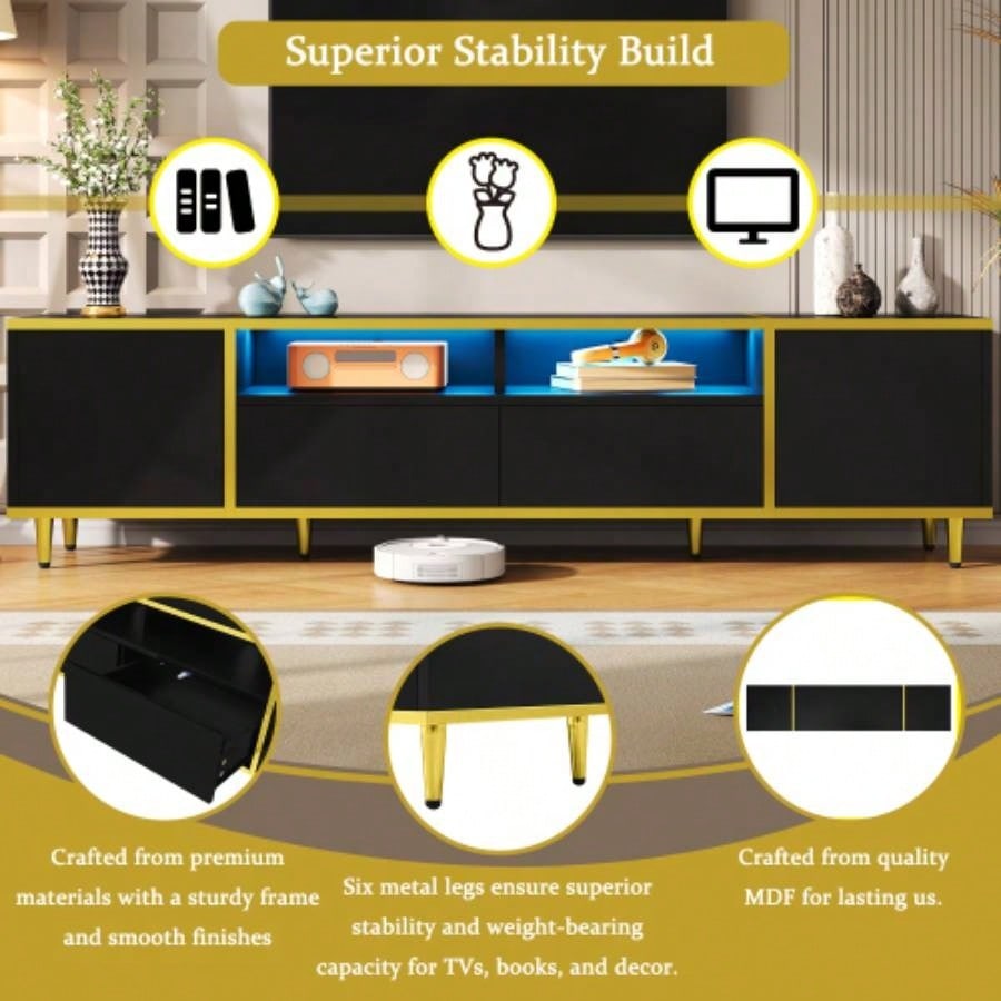 U - Can 70.9 Modern TV Stand TVs up to 80 Inches, Entertainment Center with 2 Shelves and LED Lights, TV Storage Cabinet with 2 Drawers, 2 Cabinets and Metal Living room