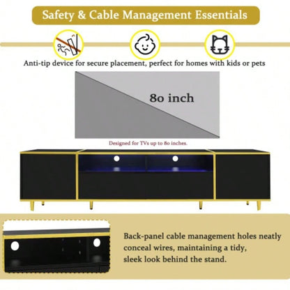 U - Can 70.9 Modern TV Stand TVs up to 80 Inches, Entertainment Center with 2 Shelves and LED Lights, TV Storage Cabinet with 2 Drawers, 2 Cabinets and Metal Living room