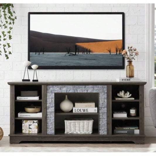Mantel Stone TV Media Stand with with Faux Stacked Stone Surround, Modern Entertainment Console with Open Storage Space, 58.3115.39D*26.06H