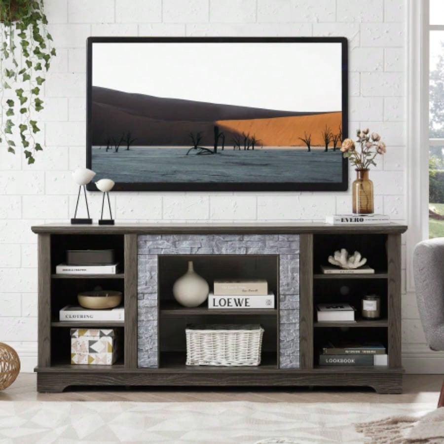 Mantel Stone TV Media Stand with with Faux Stacked Stone Surround, Modern Entertainment Console with Open Storage Space, 58.3115.39D*26.06H