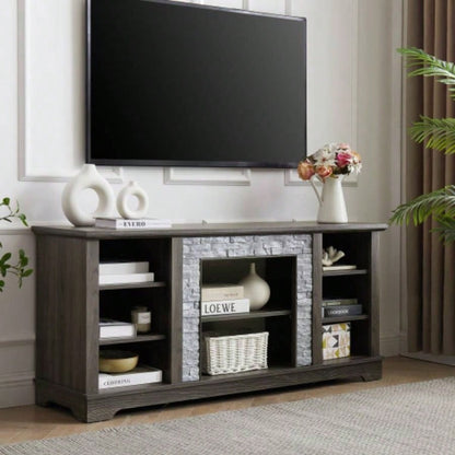 Mantel Stone TV Media Stand with with Faux Stacked Stone Surround, Modern Entertainment Console with Open Storage Space, 58.3115.39D*26.06H
