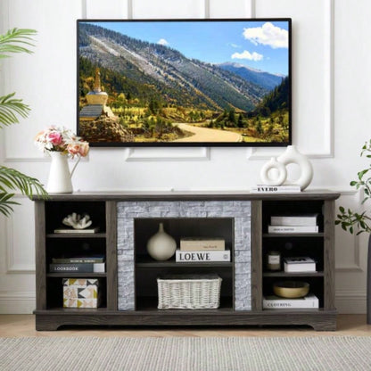 Mantel Stone TV Media Stand with with Faux Stacked Stone Surround, Modern Entertainment Console with Open Storage Space, 58.3115.39D*26.06H