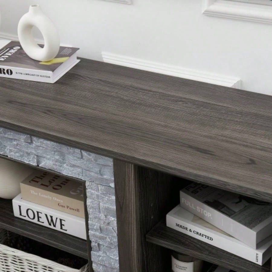 Mantel Stone TV Media Stand with with Faux Stacked Stone Surround, Modern Entertainment Console with Open Storage Space, 58.3115.39D*26.06H