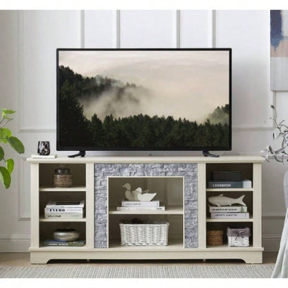 Mantel Stone TV Media Stand with with Faux Stacked Stone Surround, Modern Entertainment Console with Open Storage Space, 58.3115.39D*26.06H