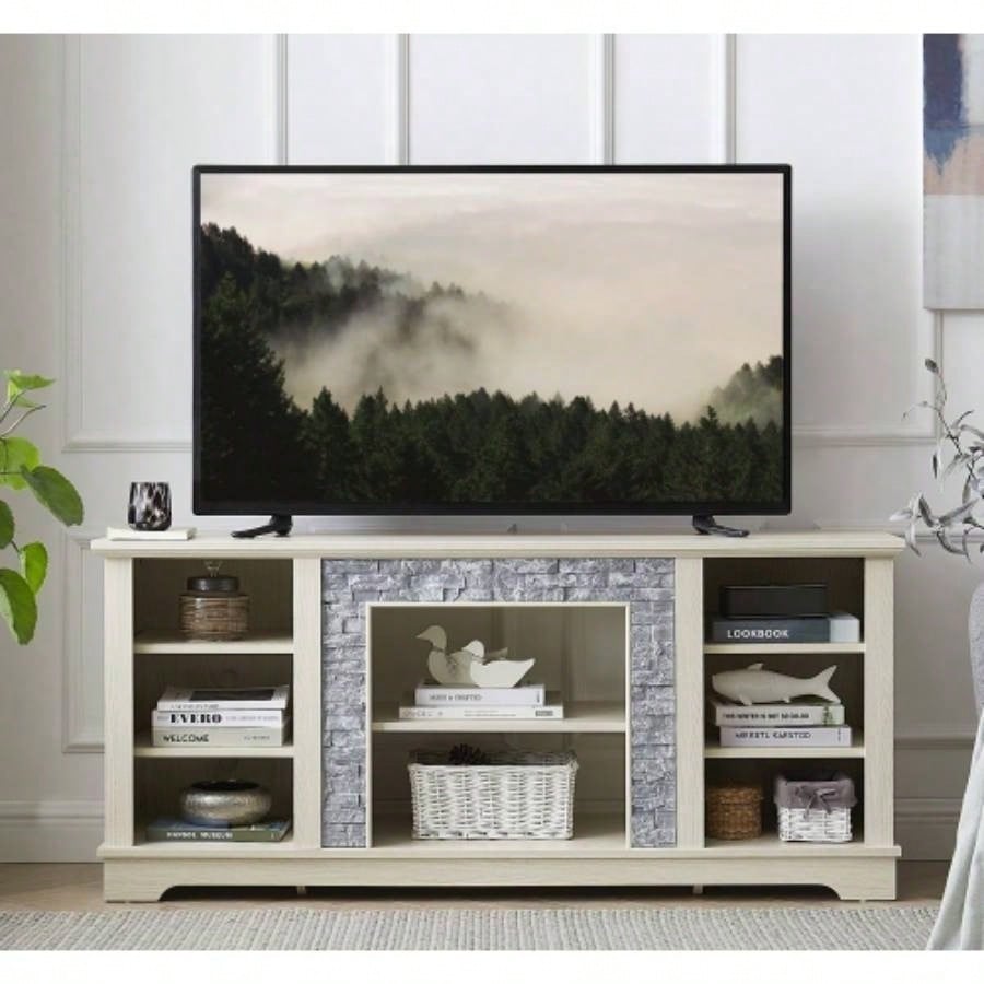 Mantel Stone TV Media Stand with with Faux Stacked Stone Surround, Modern Entertainment Console with Open Storage Space, 58.3115.39D*26.06H