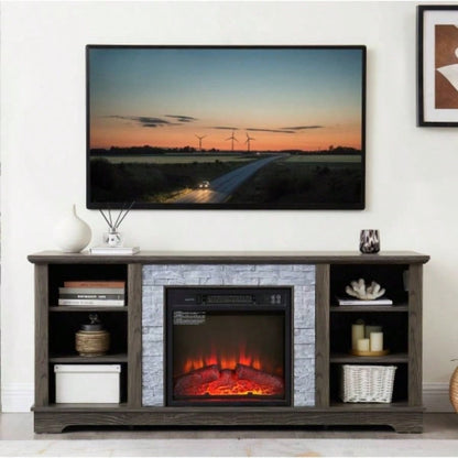 Mantel Stone TV Media Stand with with Faux Stacked Stone Surround, Modern Entertainment Console with Open Storage Space, 58.3115.39D*26.06H