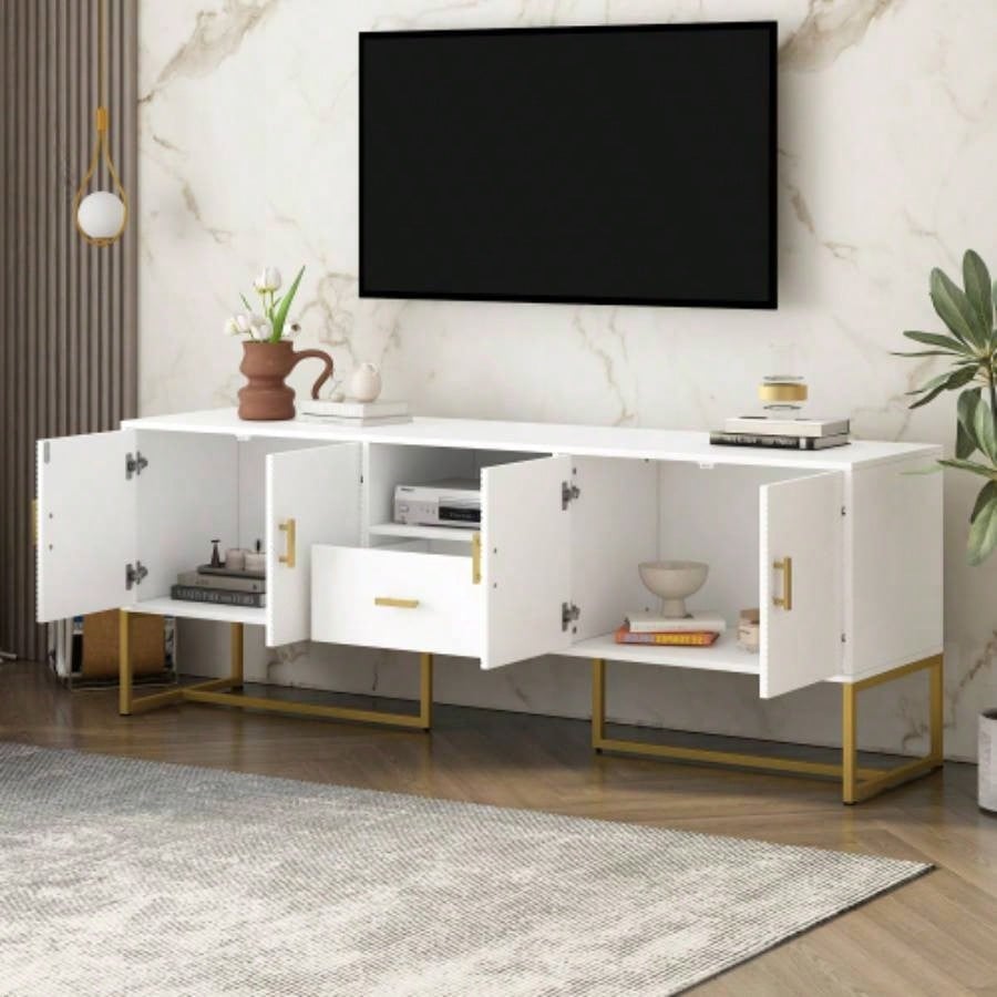 U - Can Modern TV Stand TV up to 70 Inches, TV Cabinet with 1 Drawer, 2 Cabinets and Metal, Handles and Anti - tip Device Living room