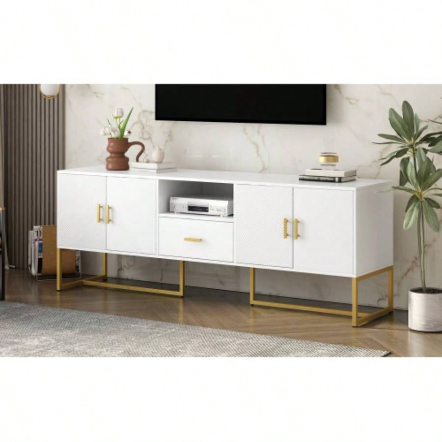 U - Can Modern TV Stand TV up to 70 Inches, TV Cabinet with 1 Drawer, 2 Cabinets and Metal, Handles and Anti - tip Device Living room