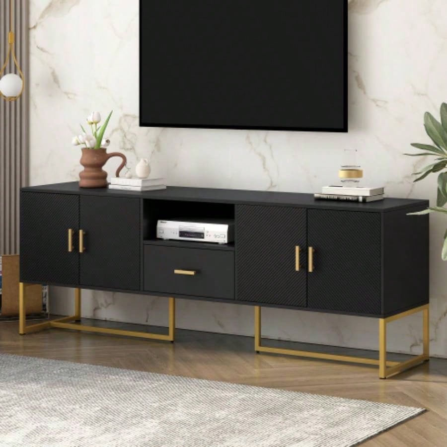 U - Can Modern TV Stand TV up to 70 Inches, TV Cabinet with 1 Drawer, 2 Cabinets and Metal, Handles and Anti - tip Device Living room