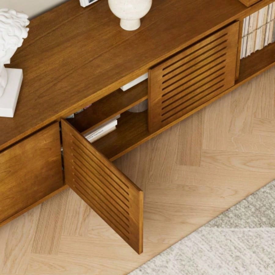 63 Mid - Modern Extendable TV Stand TVs up to 75 Media Console TV Cabinet Living Room, Farmhouse Entertainment Cabinet with Storage Adjustable Panel