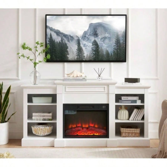 Media Console Table with Large Storage Cabinet, with 23 Fireplace Insert, TV Up to 70 Modern TV Media Entertaionment Stand, White, 65.7517D*32.48H