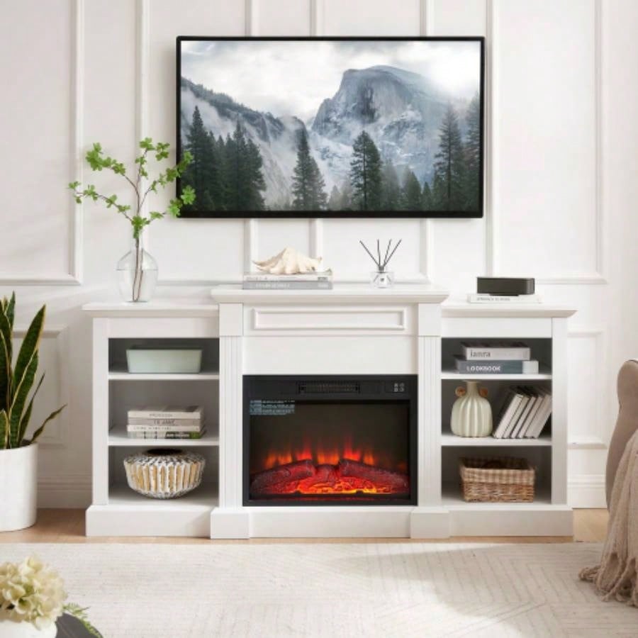 Media Console Table with Large Storage Cabinet, with 23 Fireplace Insert, TV Up to 70 Modern TV Media Entertaionment Stand, White, 65.7517D*32.48H
