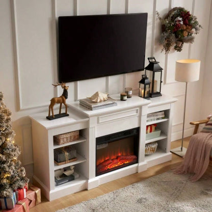 Media Console Table with Large Storage Cabinet, with 23 Fireplace Insert, TV Up to 70 Modern TV Media Entertaionment Stand, White, 65.7517D*32.48H