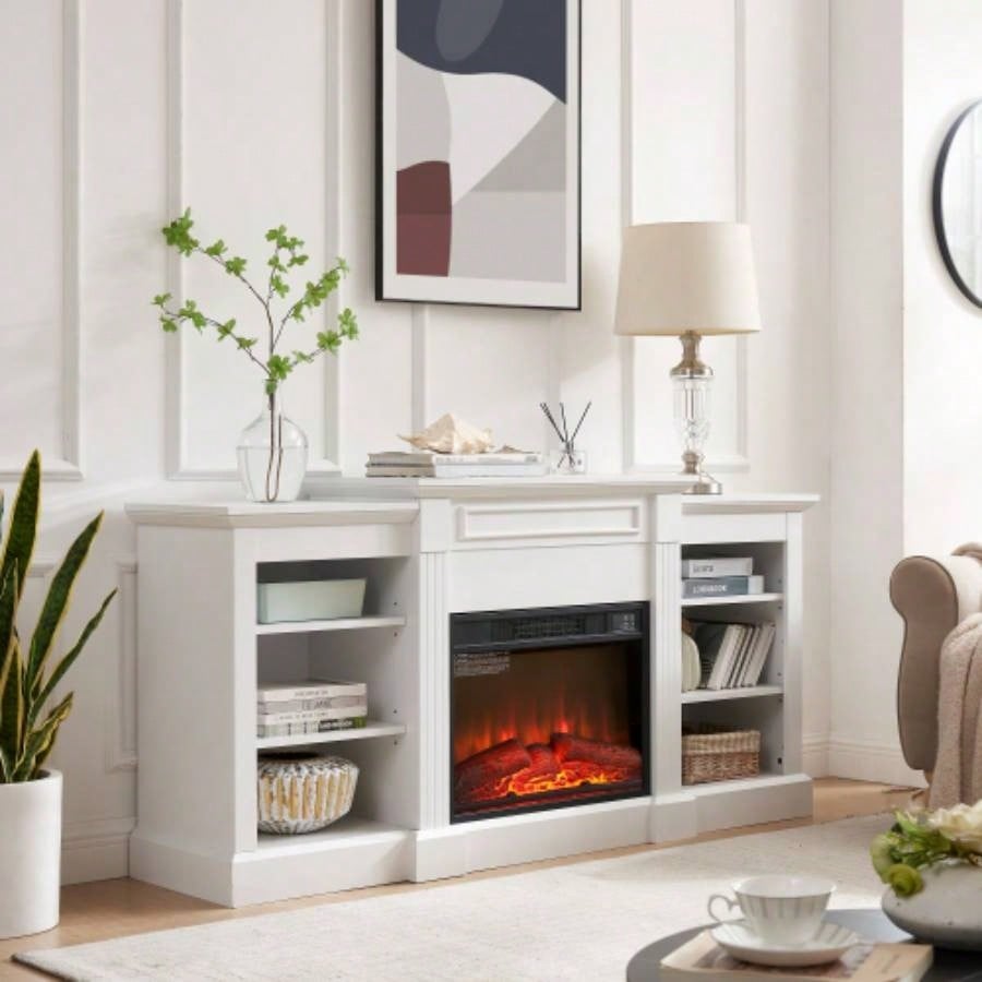 Media Console Table with Large Storage Cabinet, with 23 Fireplace Insert, TV Up to 70 Modern TV Media Entertaionment Stand, White, 65.7517D*32.48H